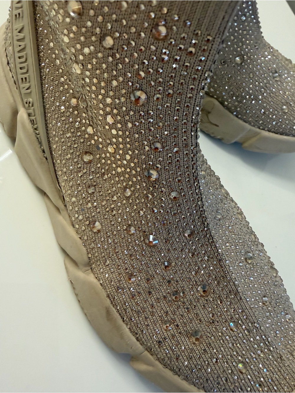 Steve Madden Rhinestone Knit Slip-On Sock Sneakers - Beige. Size 8. - Picture 3 of 4